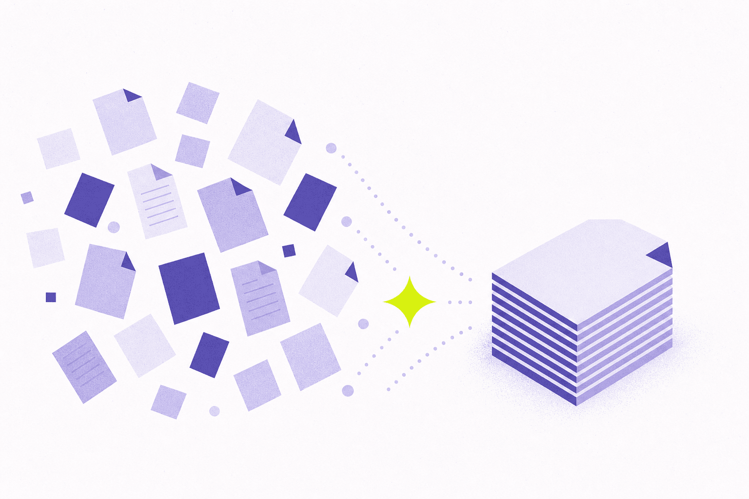 Flat editorial illustration of scattered documents resolving into an ordered stack