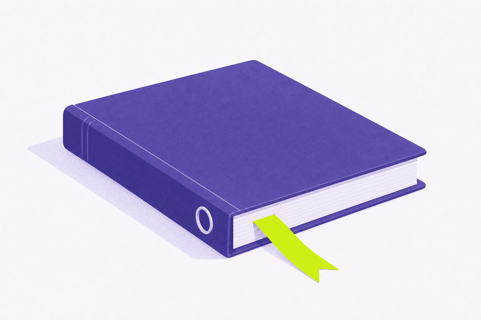 Flat editorial illustration of a closed bound binder with a single ribbon marker extending beyond the pages onto empty space.
