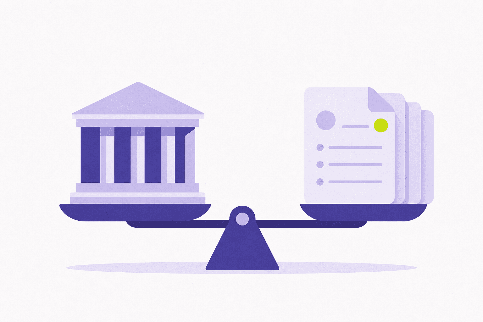 Flat illustration of a building balanced on a scale against comparable document cards
