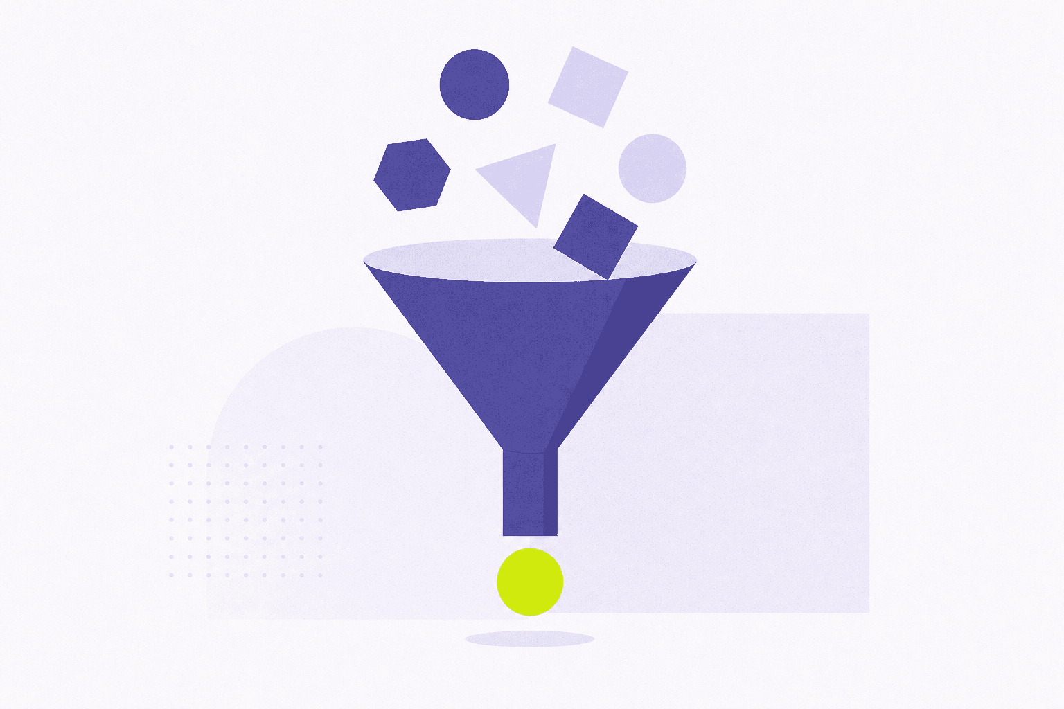 Flat editorial illustration of a narrow funnel with geometric shapes queued above it, one shape passing cleanly through the neck.