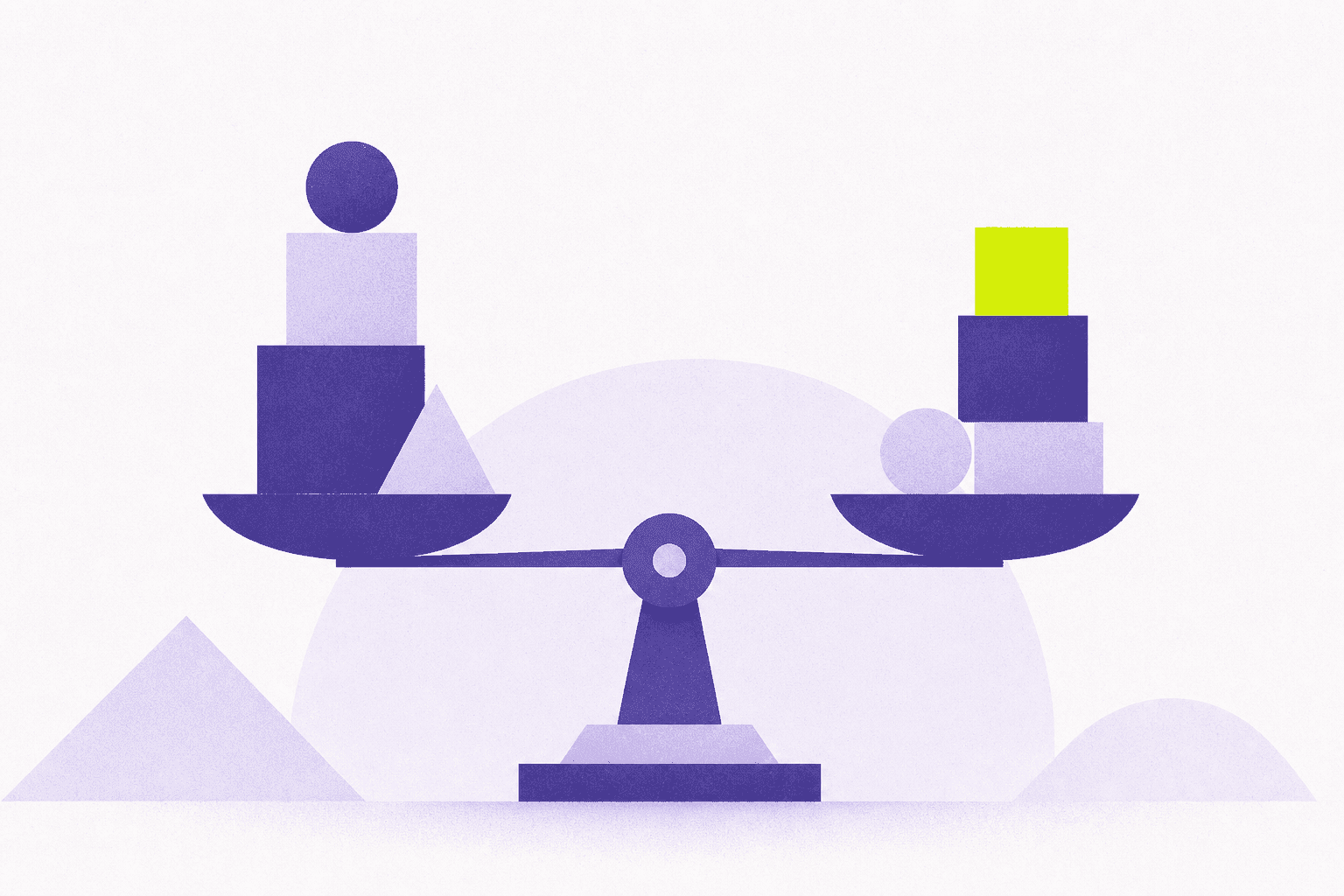 Flat editorial illustration of a balance scale with geometric blocks stacked unevenly on two pans, one block a bright accent.