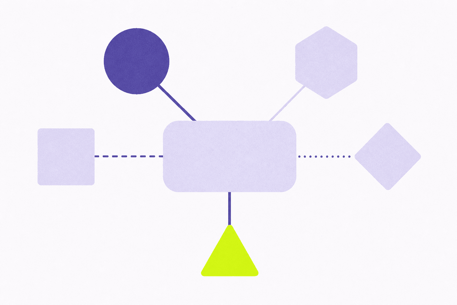 Flat editorial illustration of five geometric nodes around a central rounded rectangle, connected by lines of differing weight, one node filled solid.