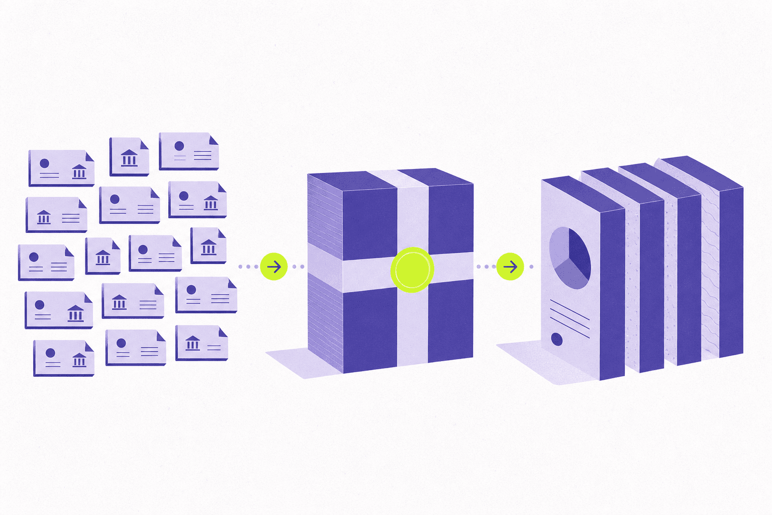 Flat illustration of loan tiles bundled into a block then split into bond slices