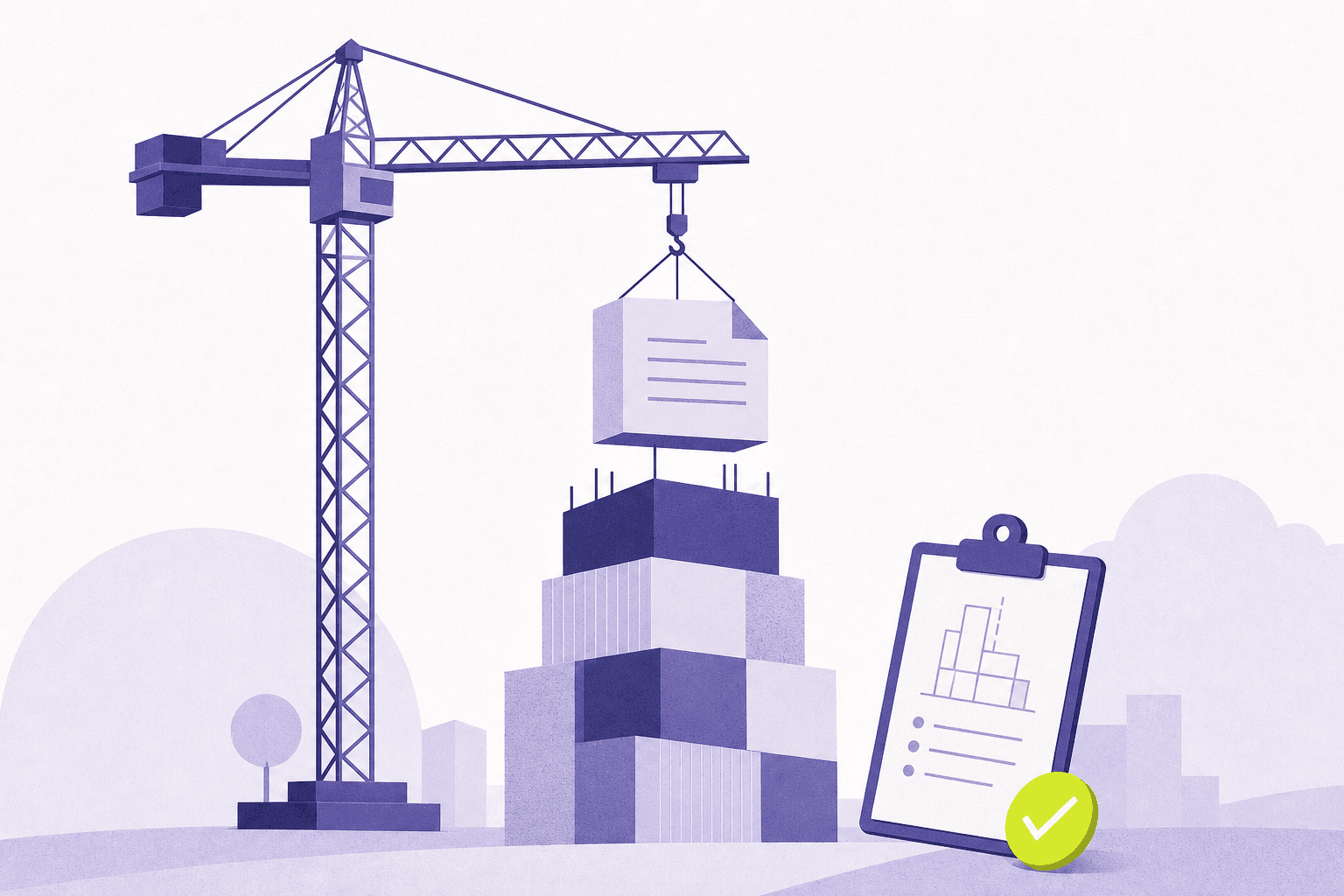 Flat illustration of a crane lowering a document block onto a rising tower