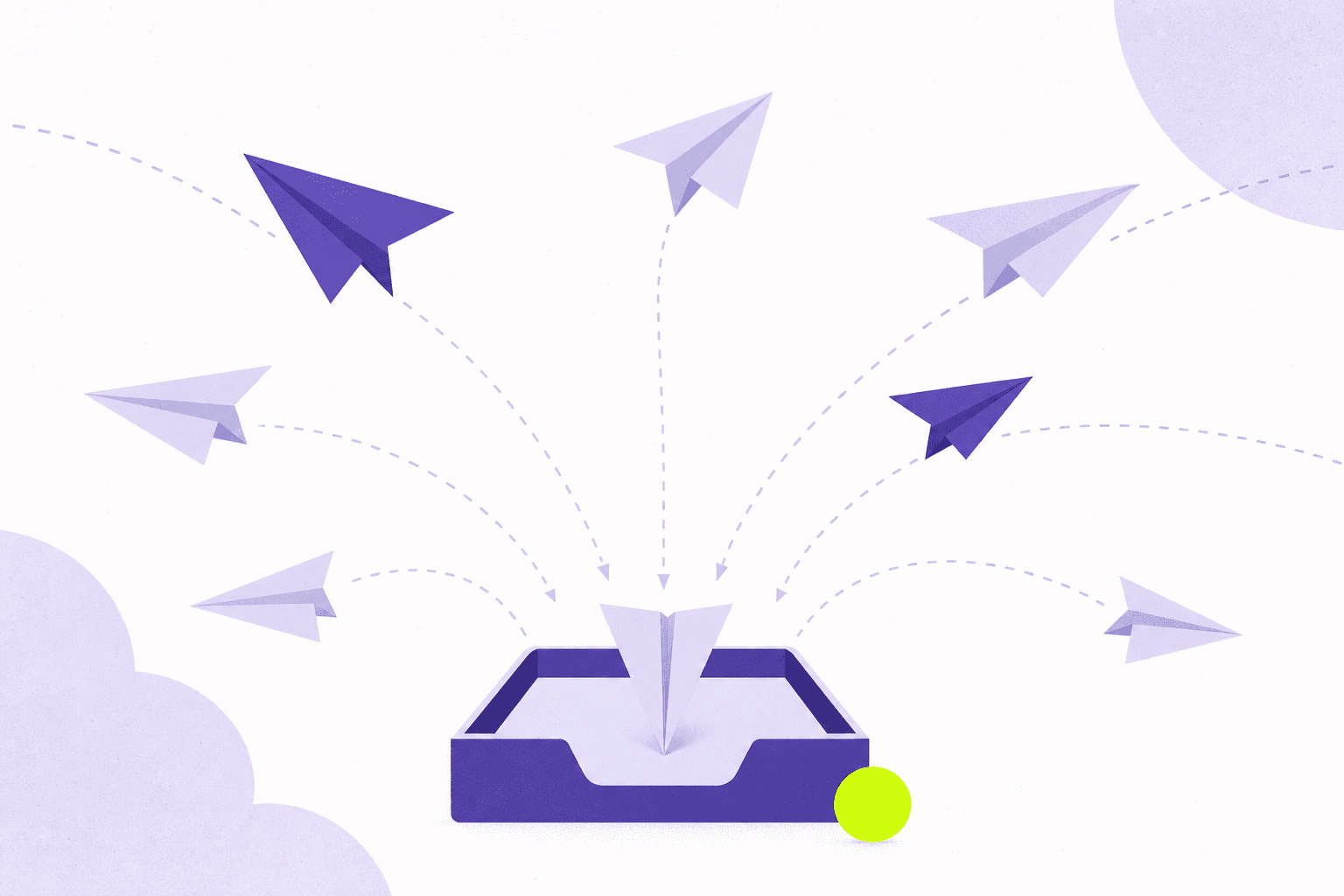 Flat illustration of scattered paper airplanes converging into one neat inbox tray