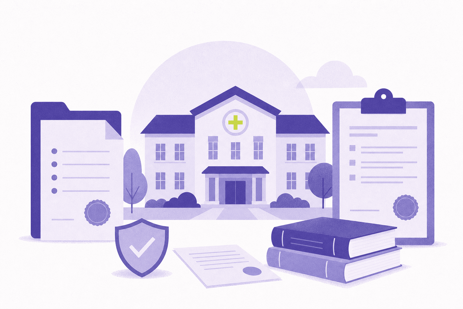 Flat illustration of a care-facility building with a plus-sign accent among regulatory documents