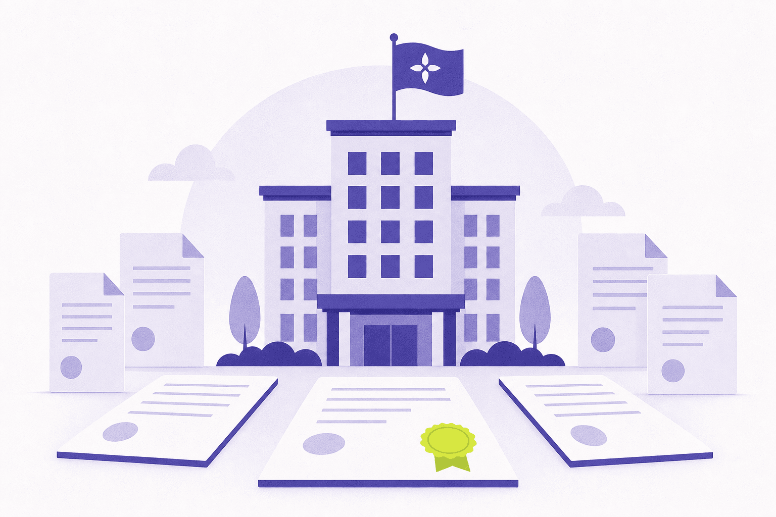 Flat illustration of a hotel building with a brand flag among orderly agreement documents
