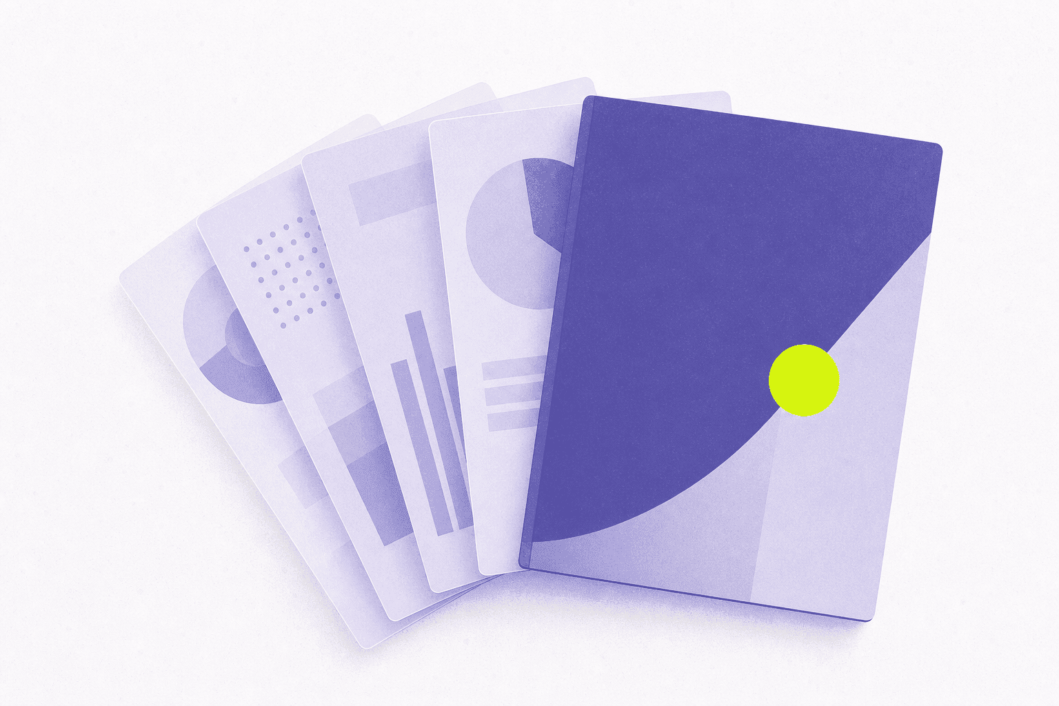 Flat editorial illustration of a fan of translucent overlapping report covers spread like a hand of cards, one pulled forward.