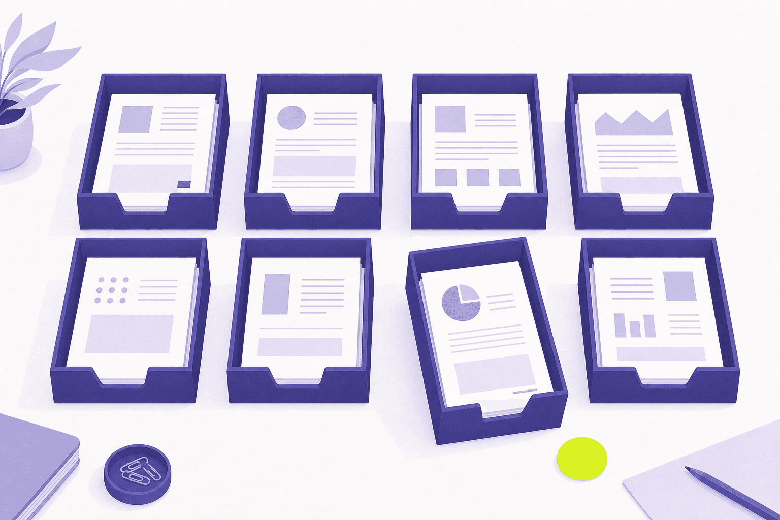 Flat editorial illustration of a desk surface seen from above with eight small document trays in two rows, one tray tilted forward.