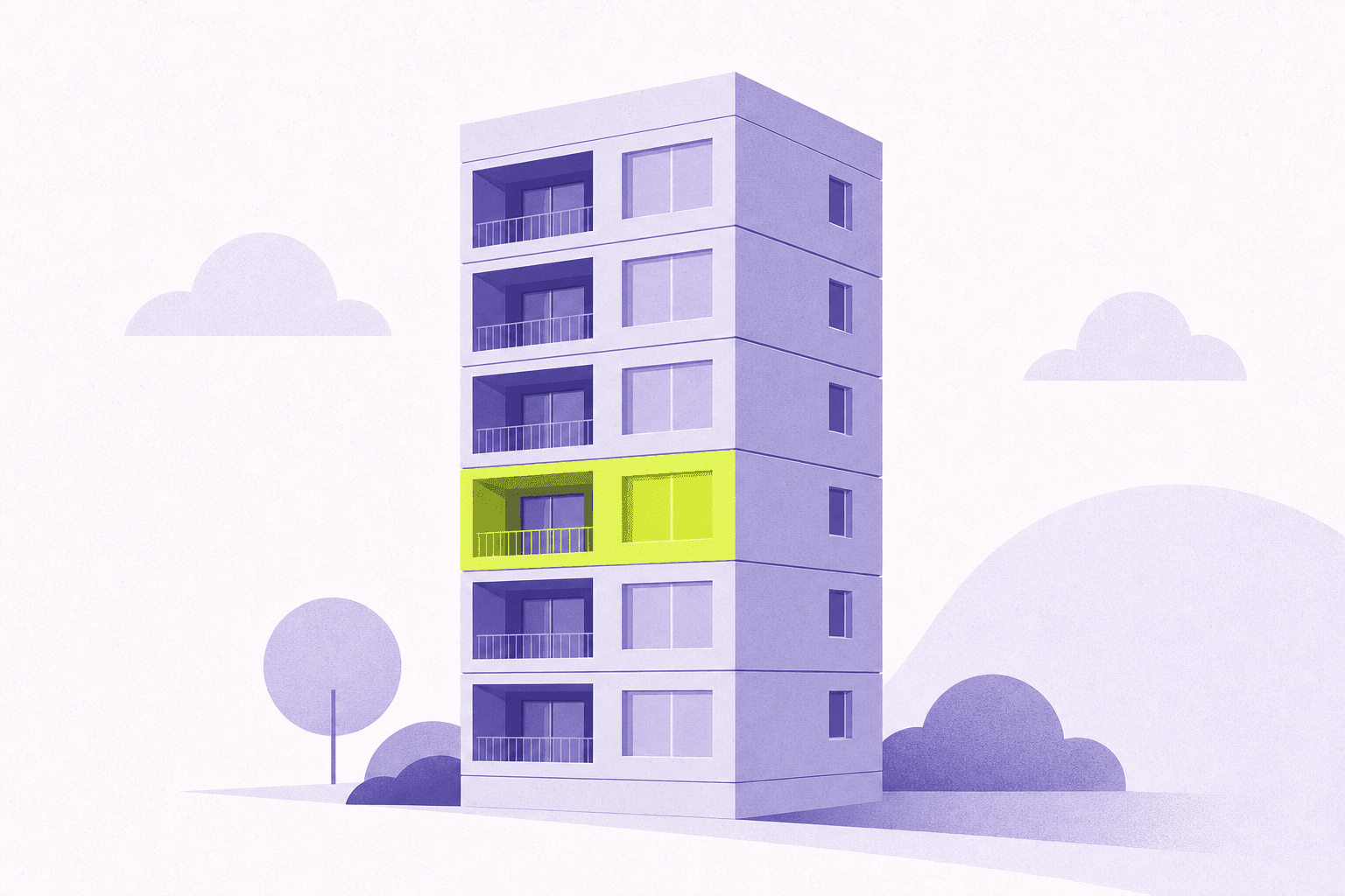 Flat-editorial illustration: multifamily diligence stacked across unit-level documents