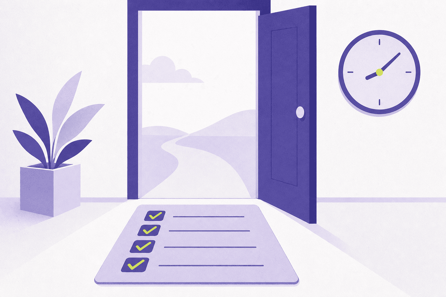 Flat illustration of an open doorway with a checklist welcome mat and a quick clock