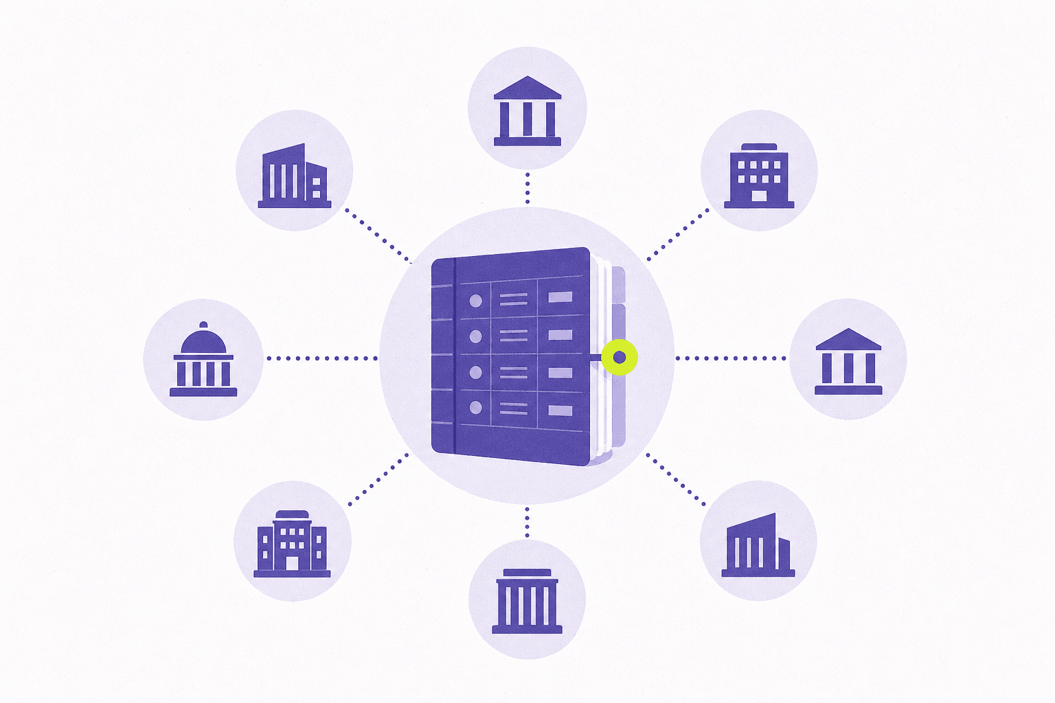 Flat illustration of a hub-and-spoke network connected to a central ledger