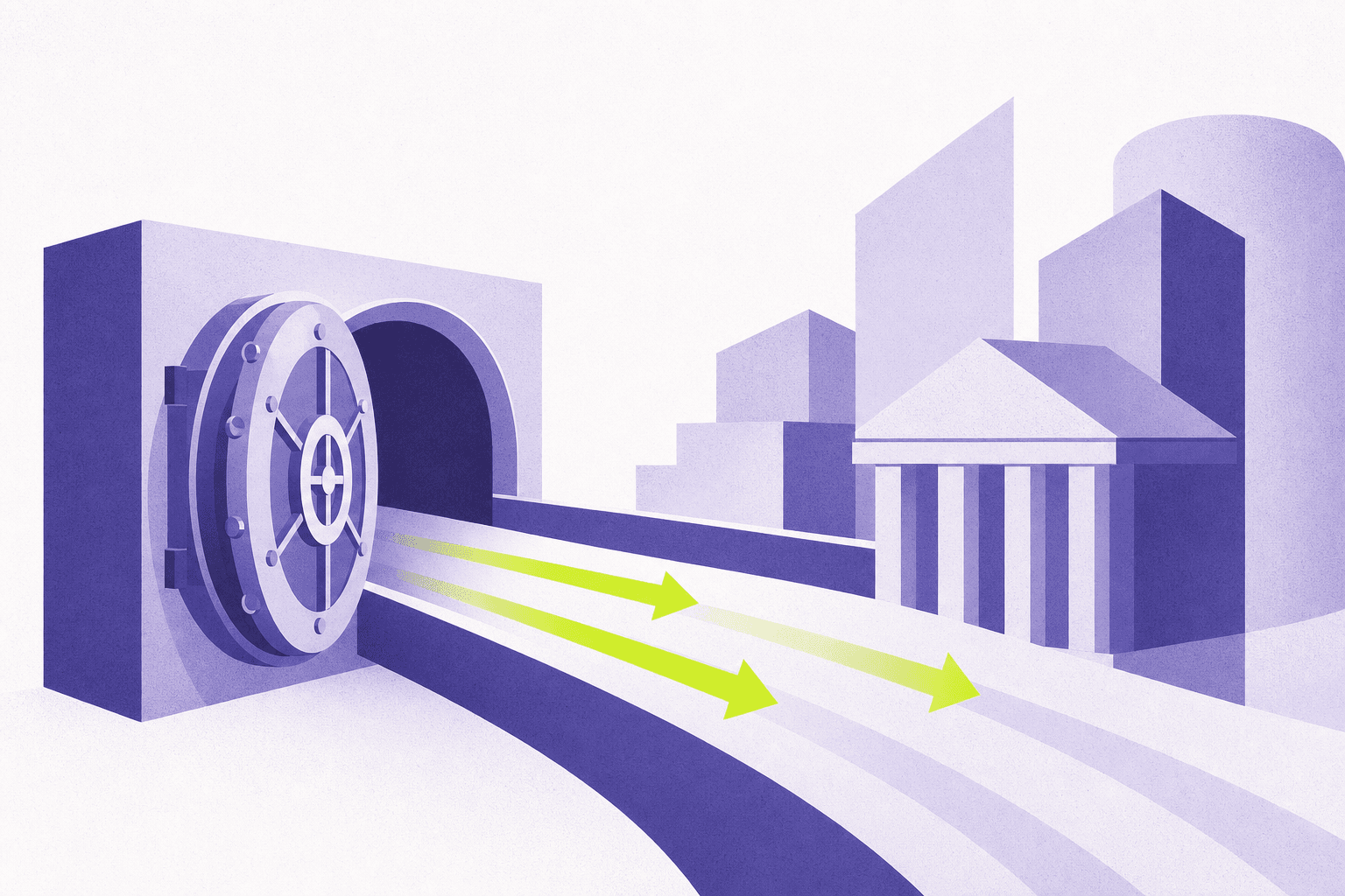 Flat illustration of a private channel routing capital arrows to transitional buildings