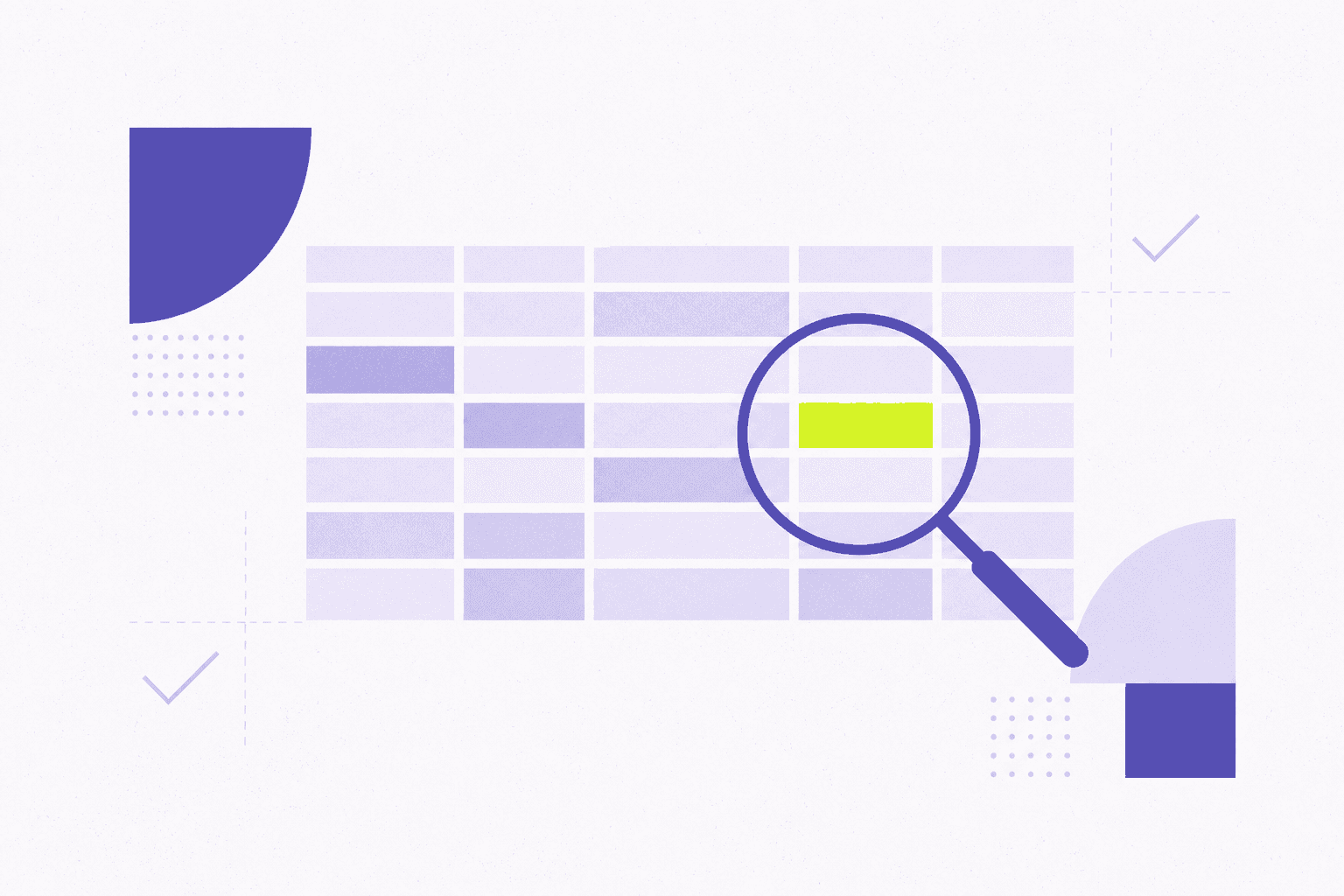 Flat editorial illustration of a spreadsheet grid with a magnifier outline resting over one cell and faint cross-check marks.