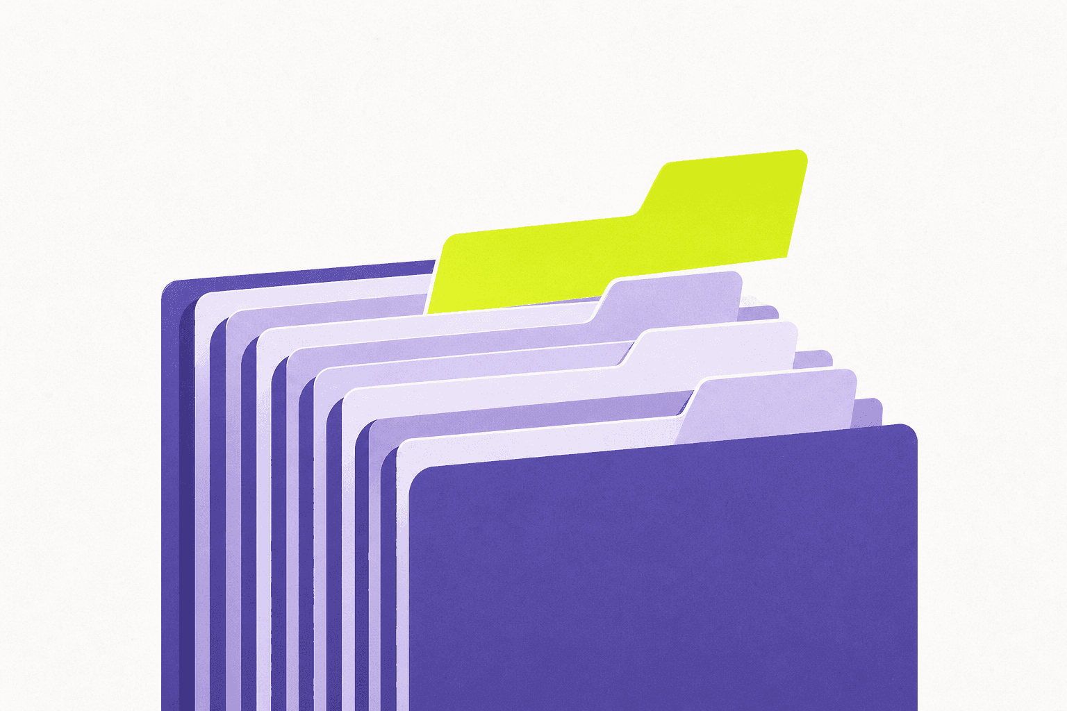 Flat editorial illustration of a tall stack of document folders with tabs at varying depths, one tab lifted clear of the rest.