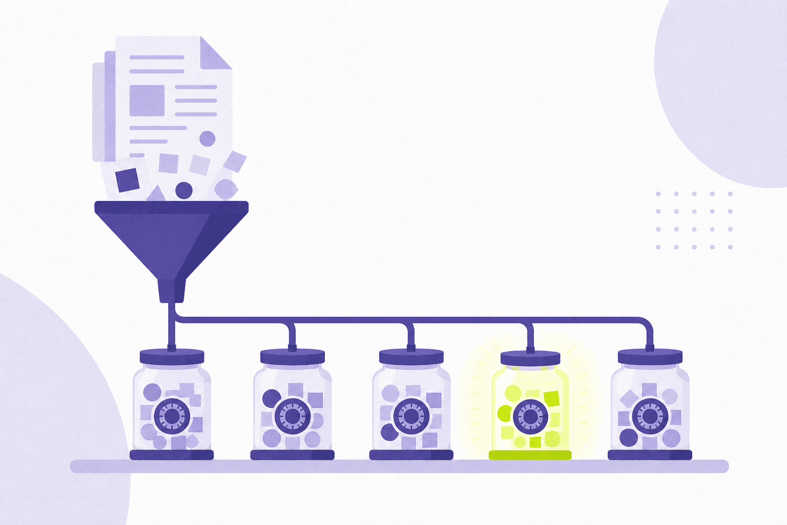 Flat illustration of small vault jars being filled from a document funnel