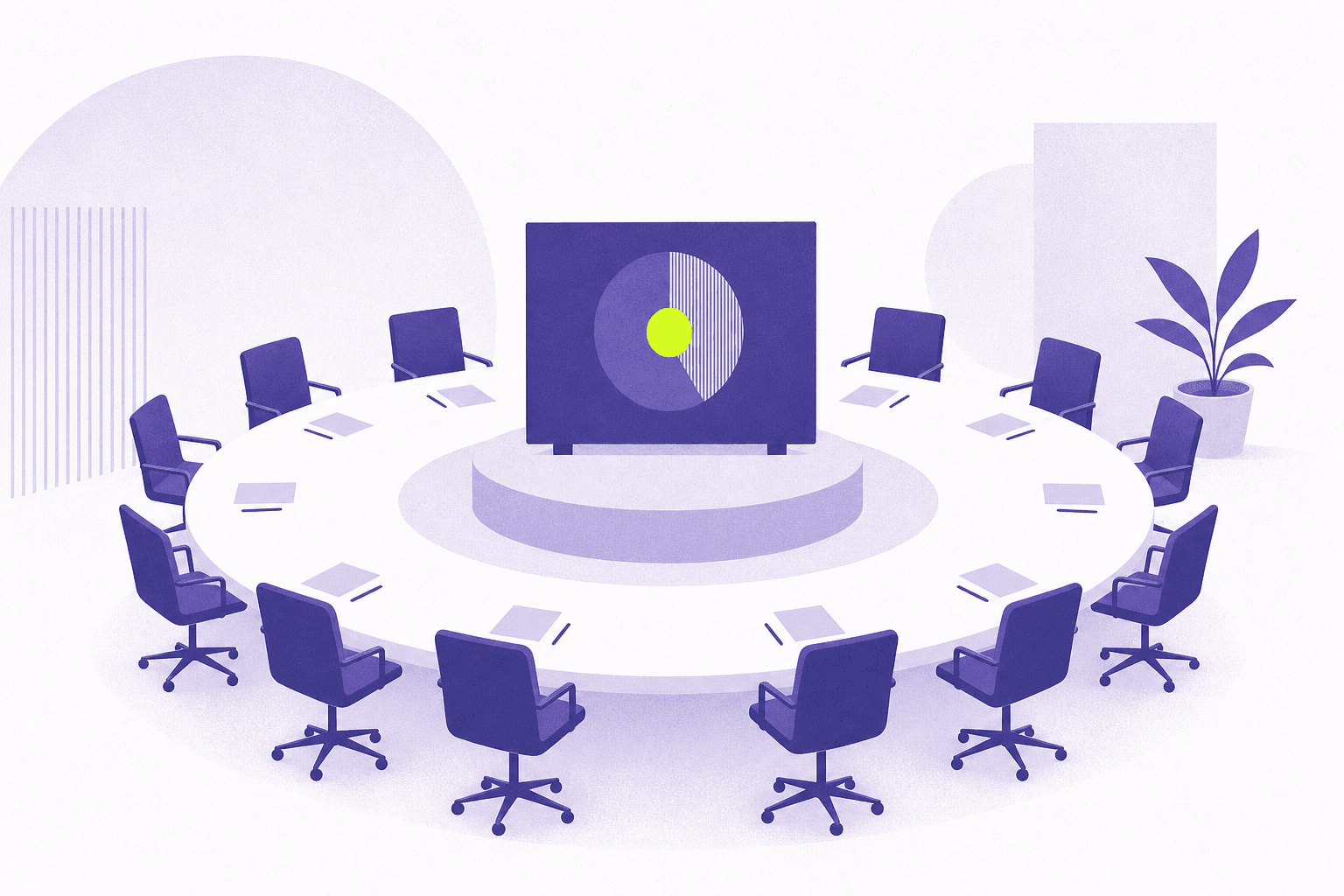 Flat illustration of a circular meeting table facing one shared central board
