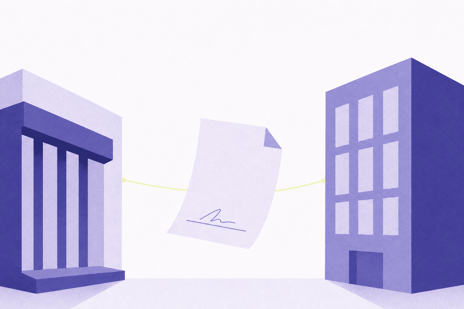 Flat editorial illustration of a single sheet of paper with a signature line suspended between two buildings rendered as simple blocks.