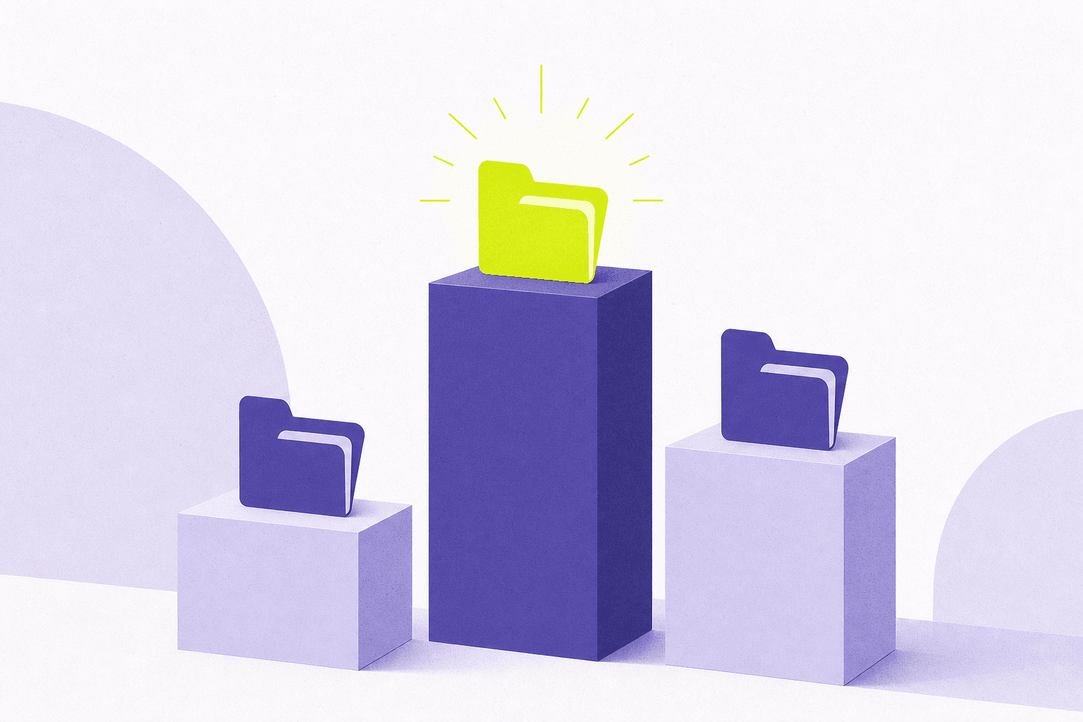 Flat illustration of a podium of pedestals holding folder icons, tallest glowing