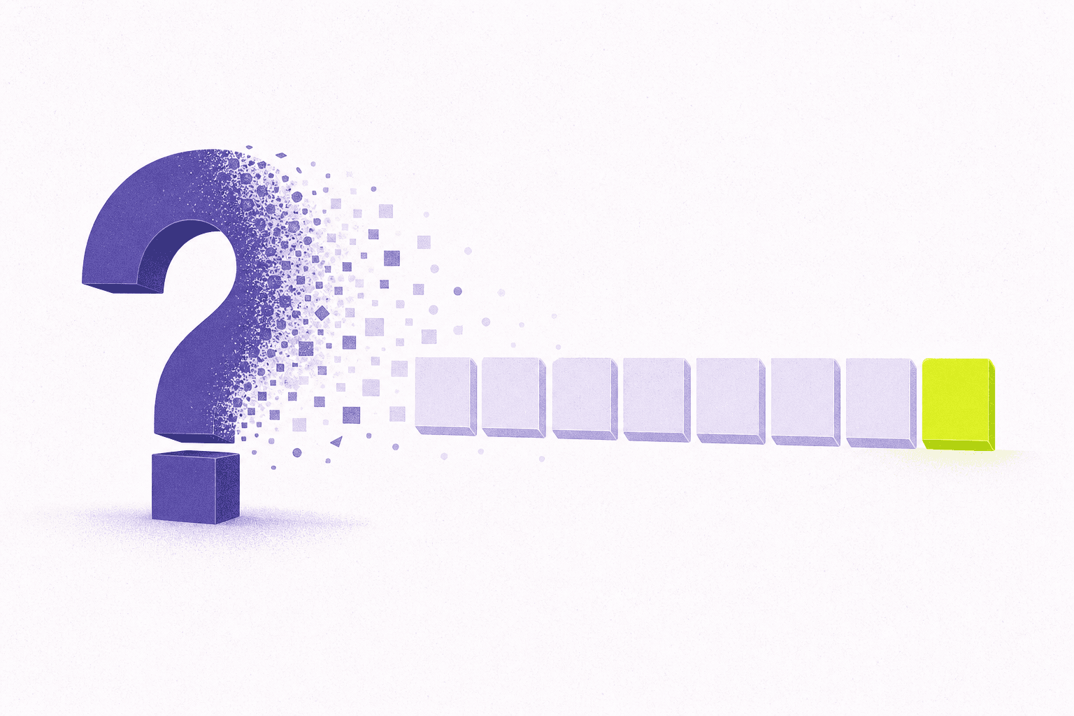 Flat editorial illustration of a question mark dissolving into a clear progress bar