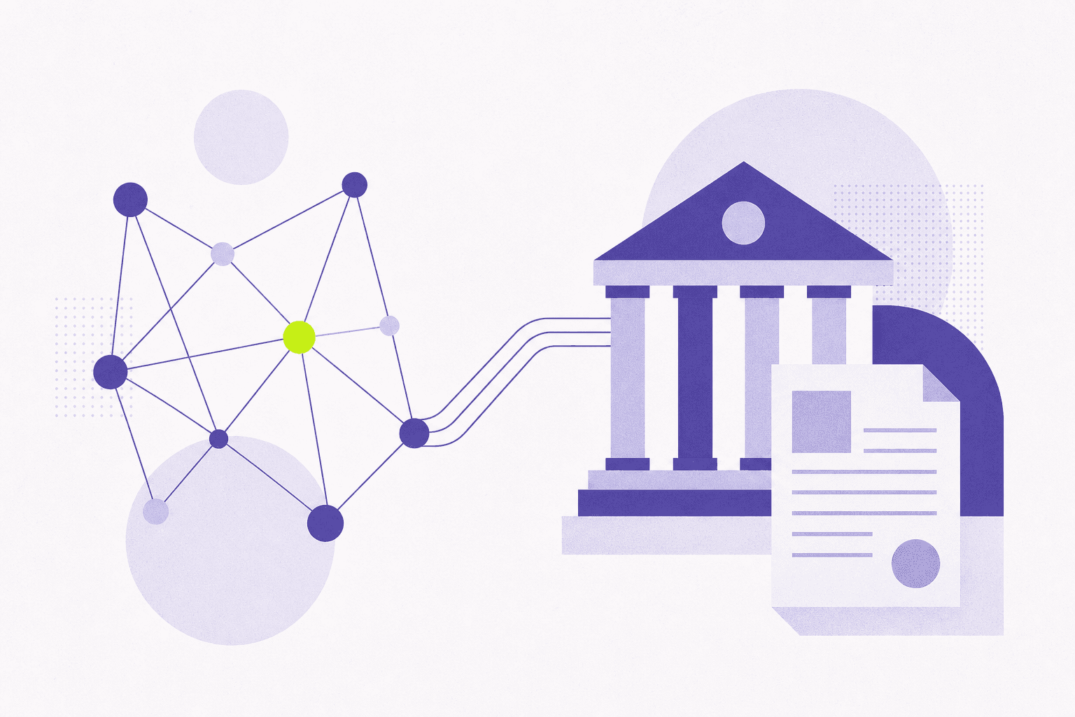 Flat illustration of an AI node network connected to a building and a document