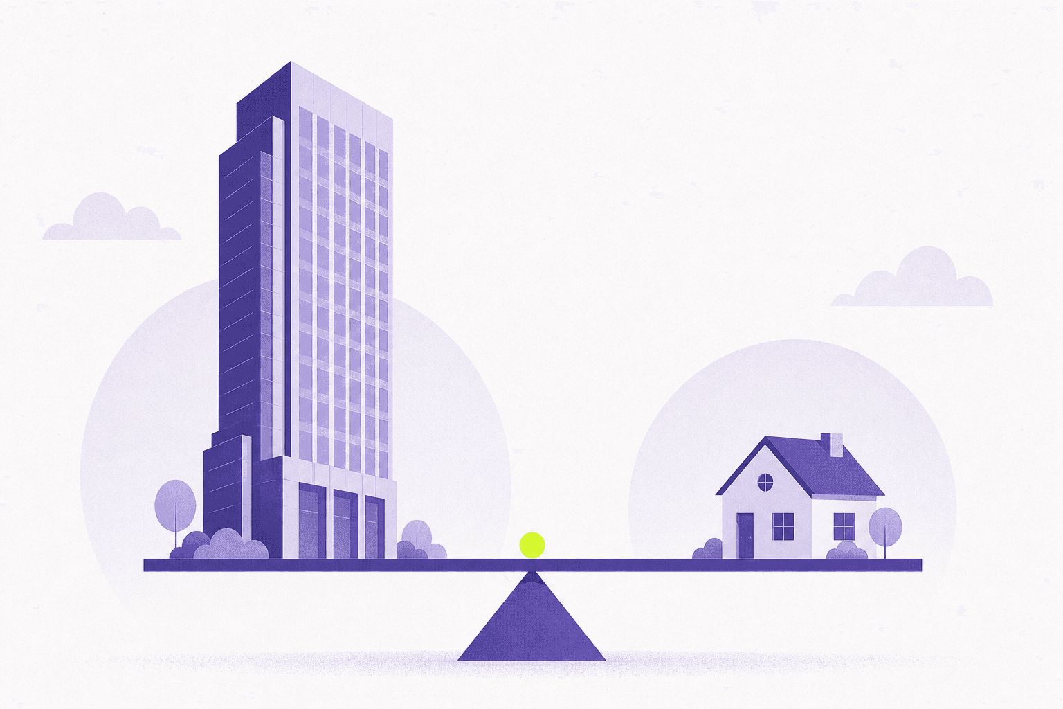 Flat illustration of a tower and a house on a level scale