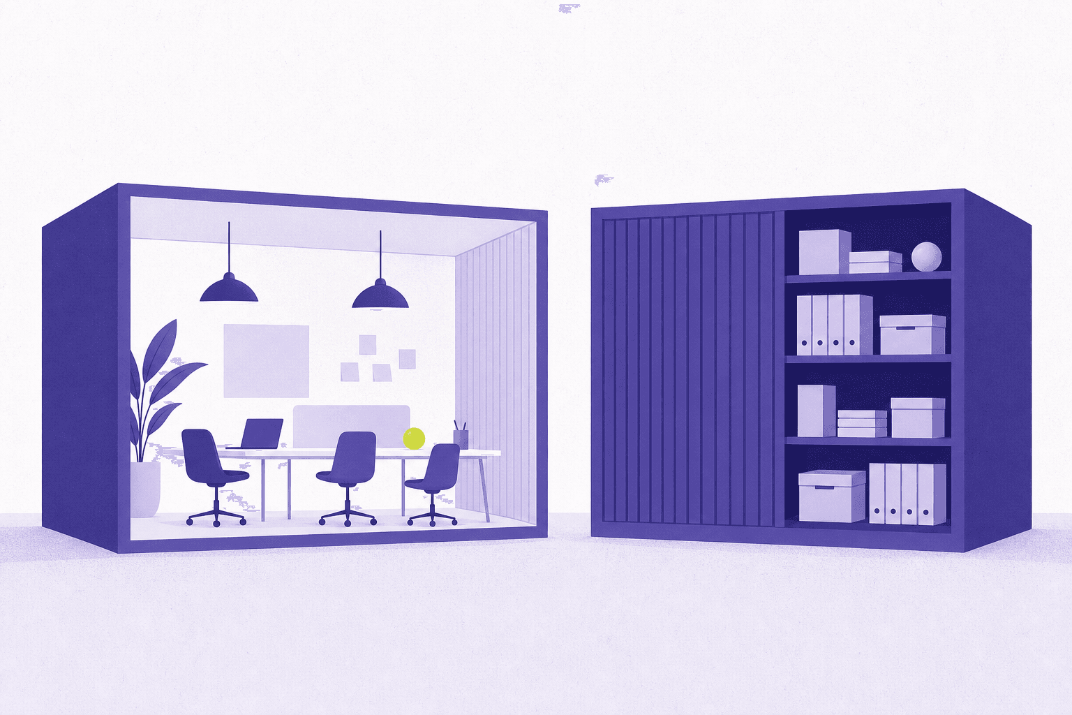 Flat illustration of an active workspace beside a static shelf