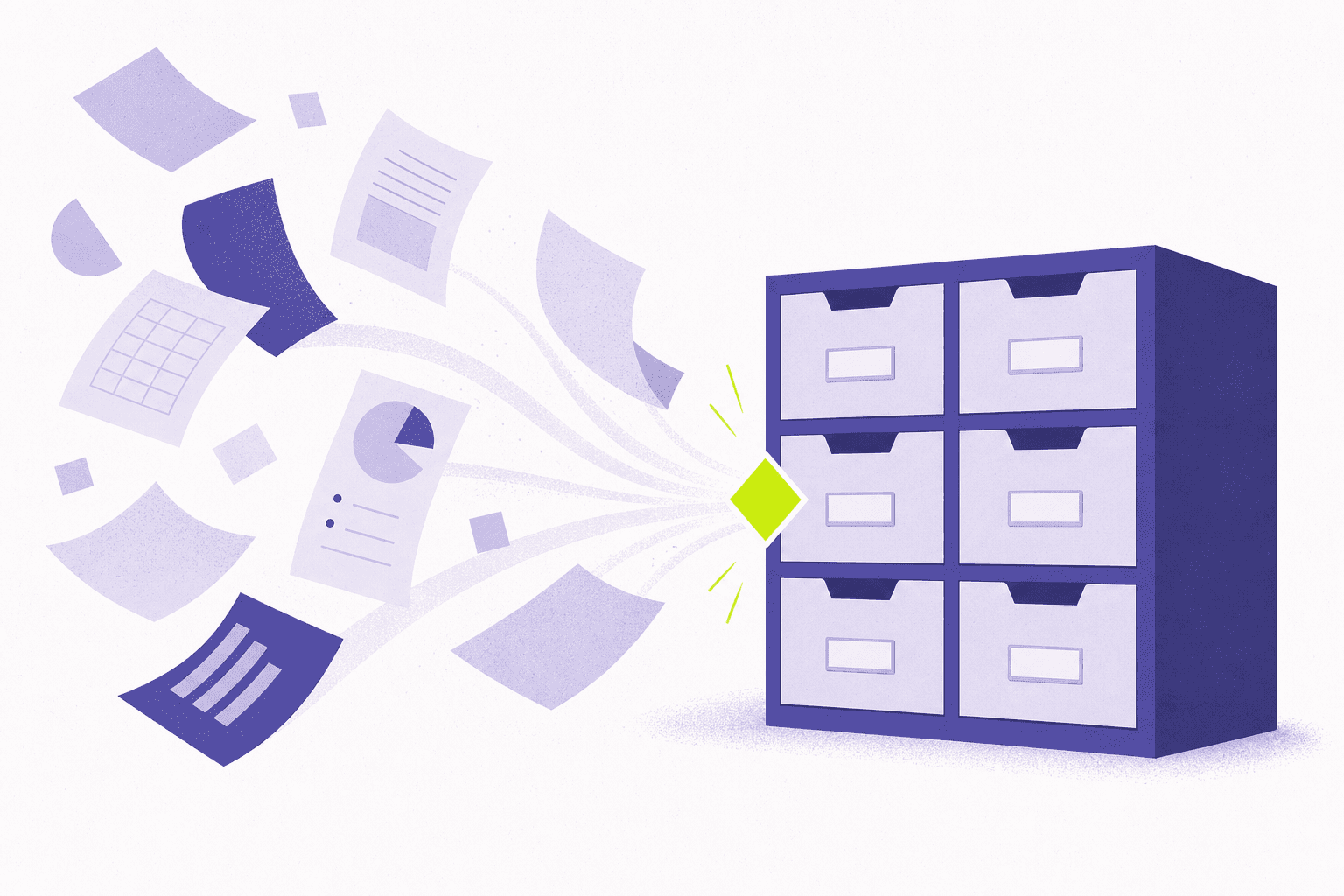 Flat illustration of loose papers snapping into labeled drawers