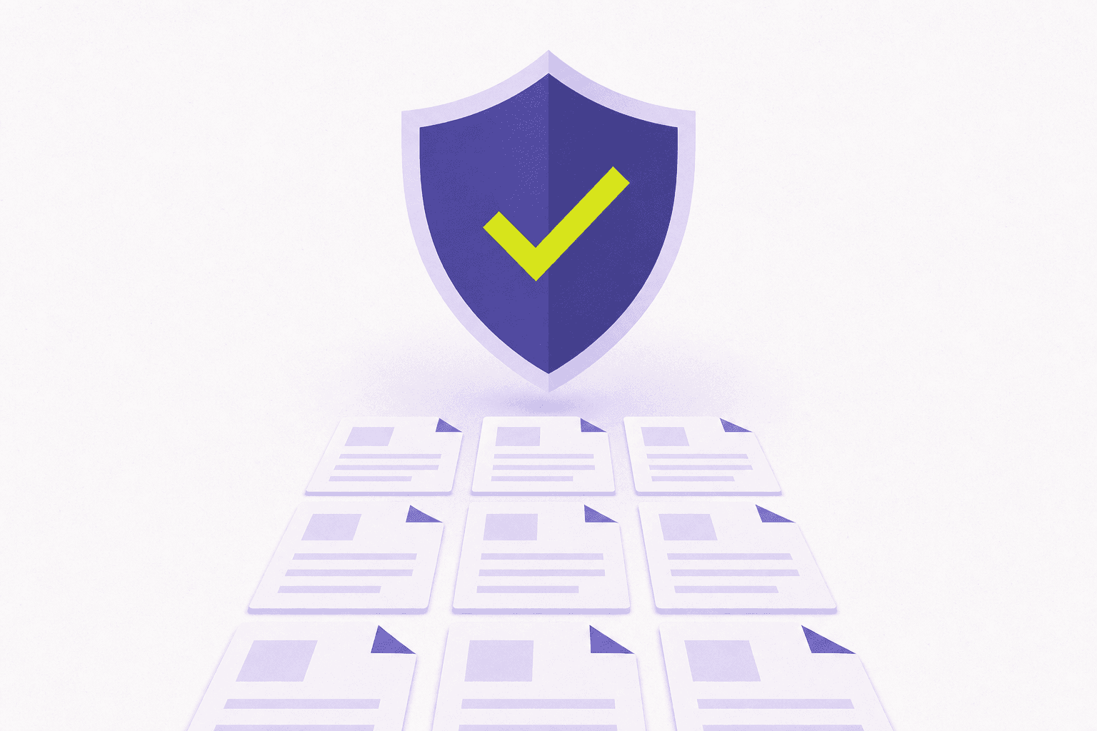 Flat illustration of a shield with a checkmark over aligned documents