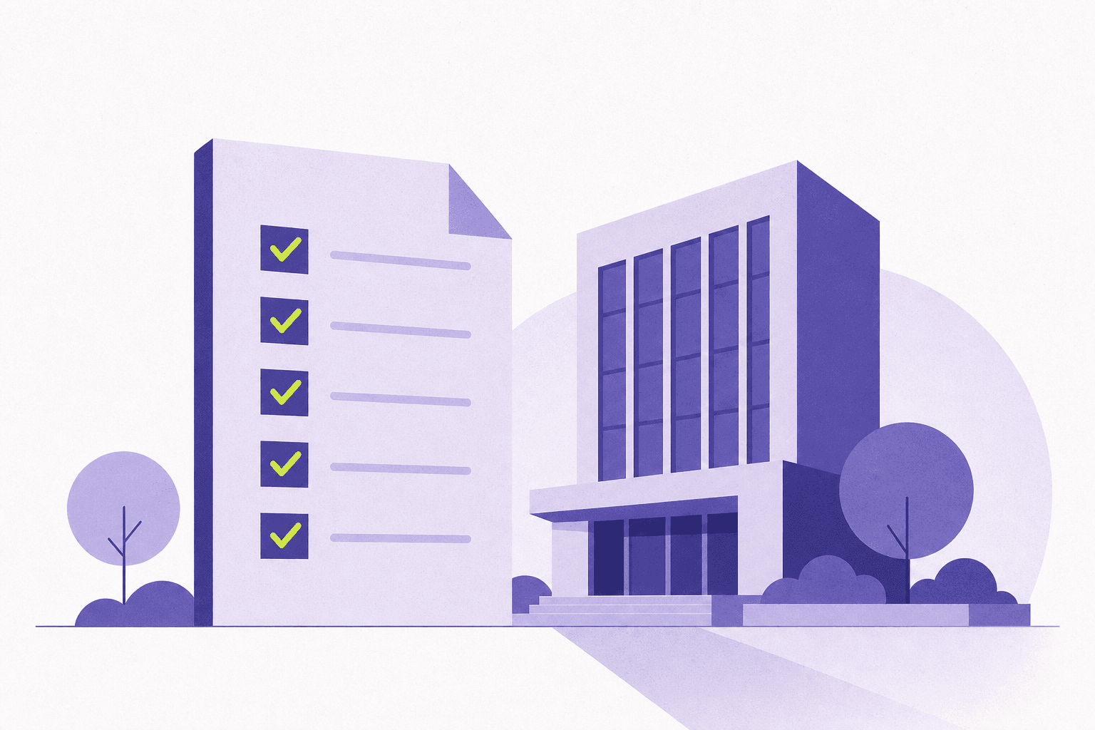 Flat editorial illustration of a checklist document beside a stylized building