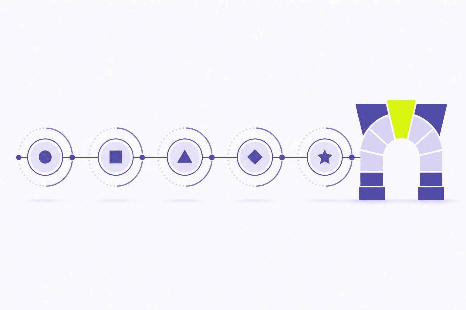 Flat editorial illustration of a milestone timeline moving toward a keystone