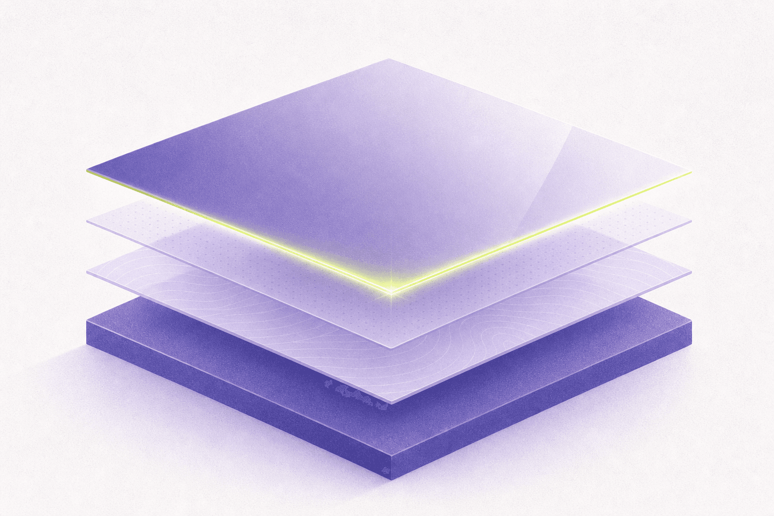 Flat editorial illustration of stacked translucent strata with the top layer glowing at its edge