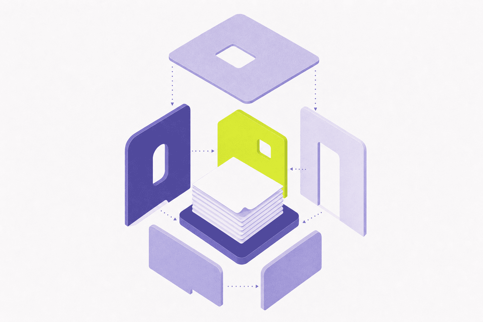 Editorial illustration of a data room assembling from rounded panels