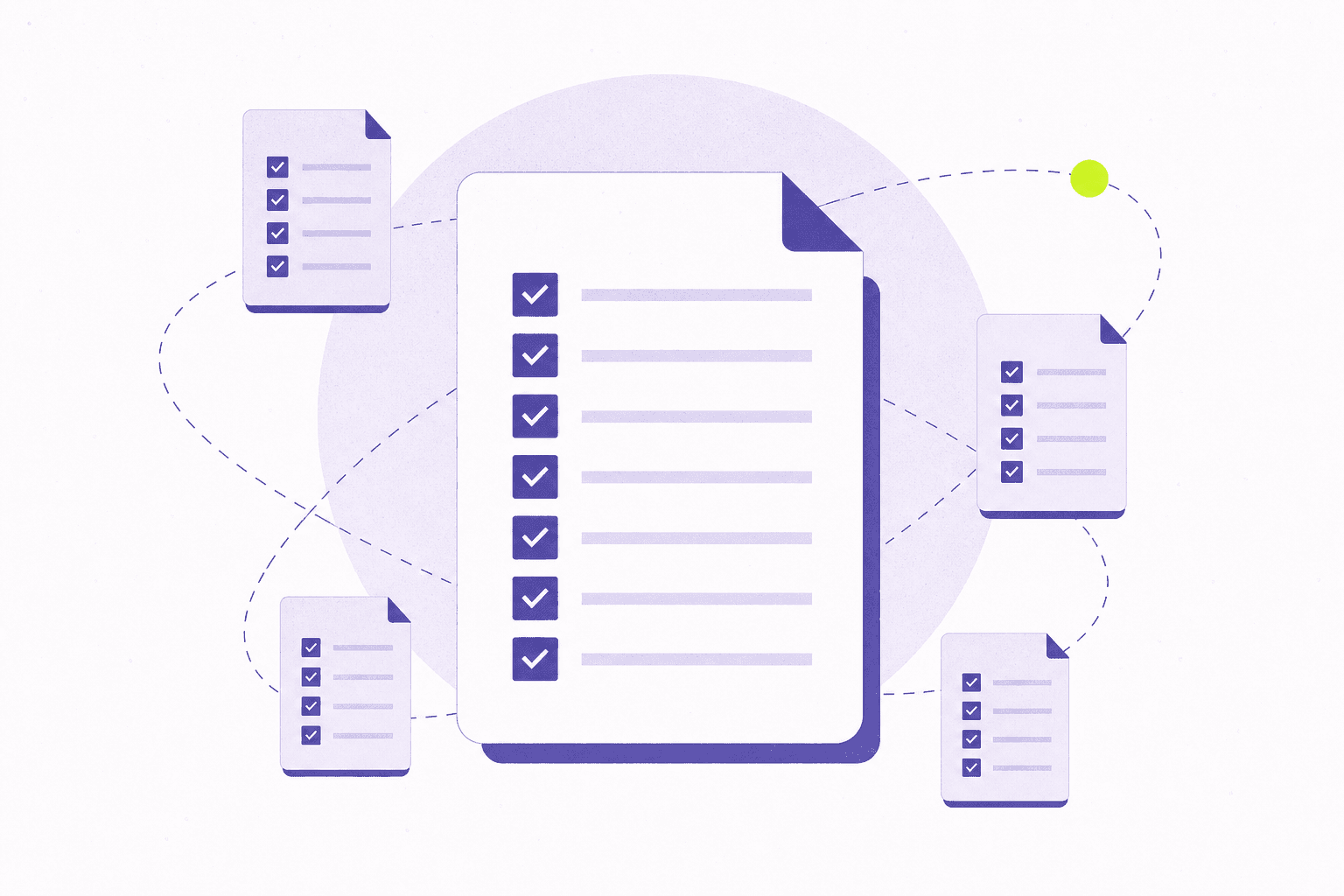 Flat editorial illustration of a master checklist with satellite checklists around it