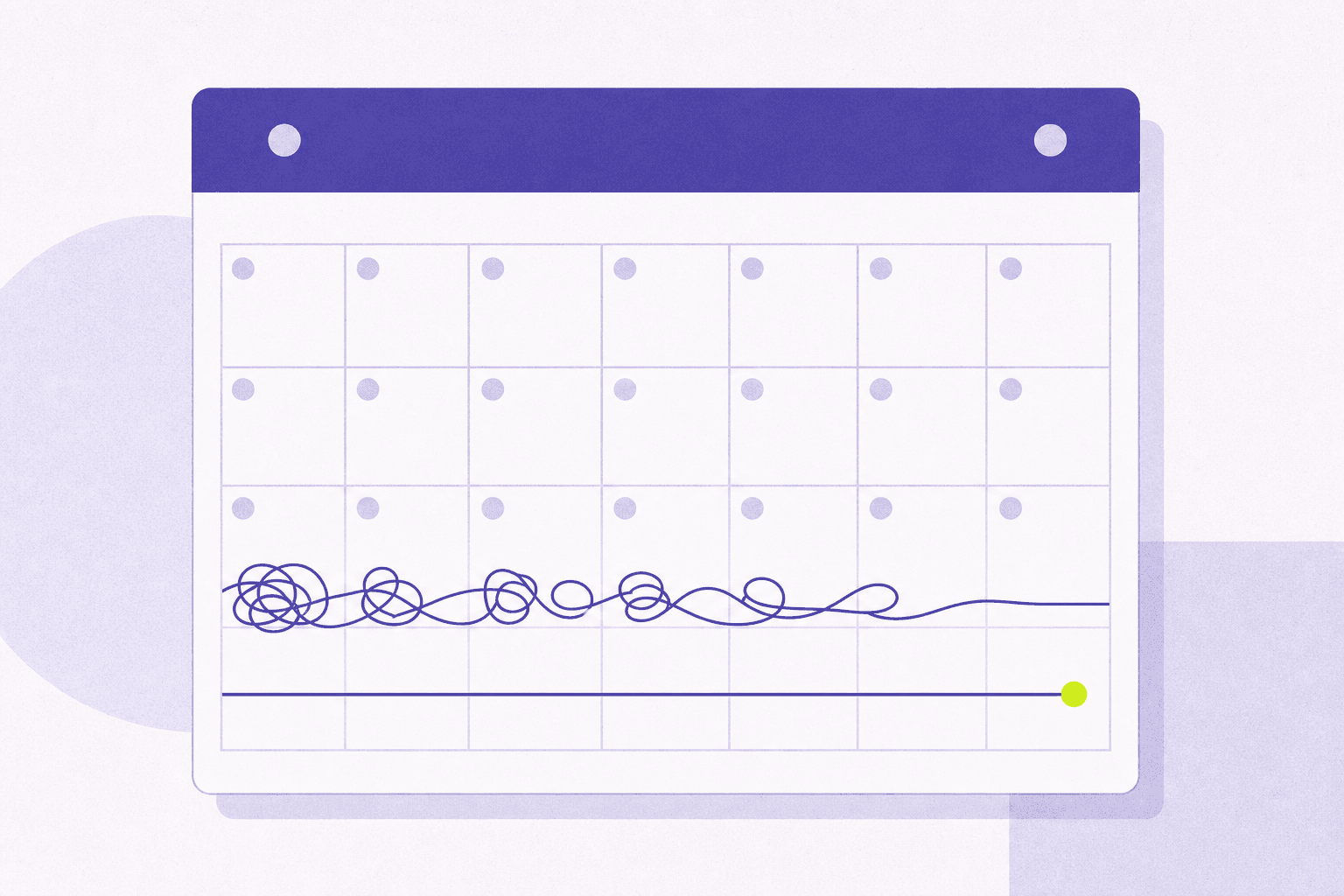 Flat editorial illustration of a calendar grid where tangled thread straightens