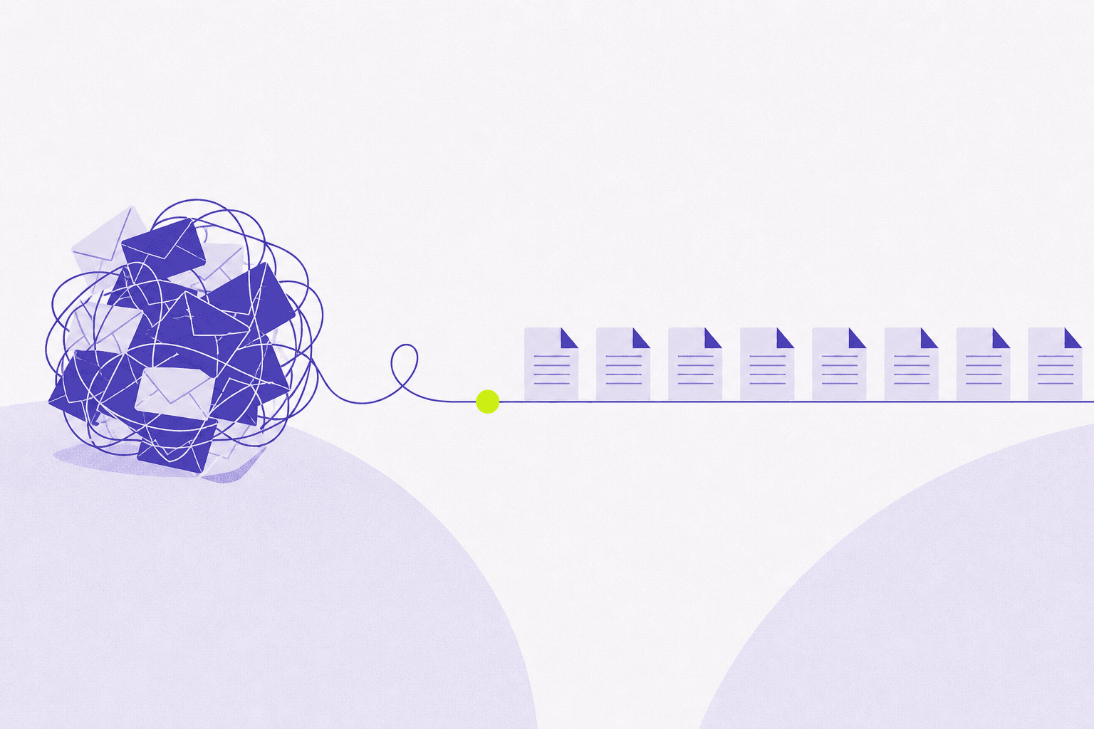 Flat editorial illustration of tangled envelopes unraveling into one straight line of documents