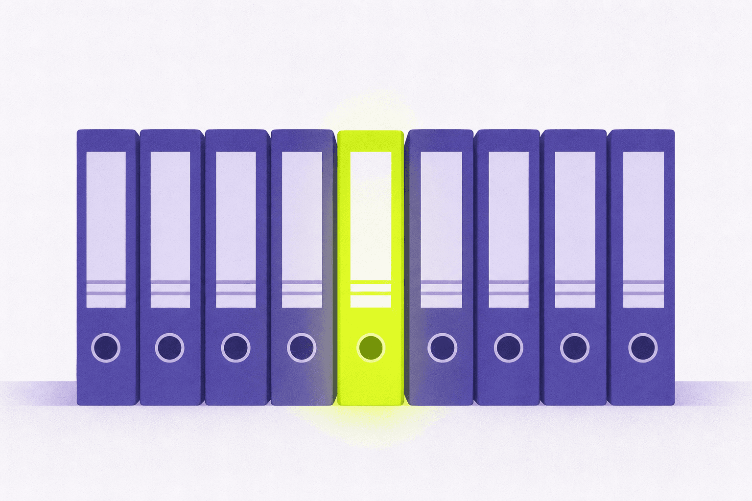 Flat illustration of identical binders in formation, one with a glowing spine