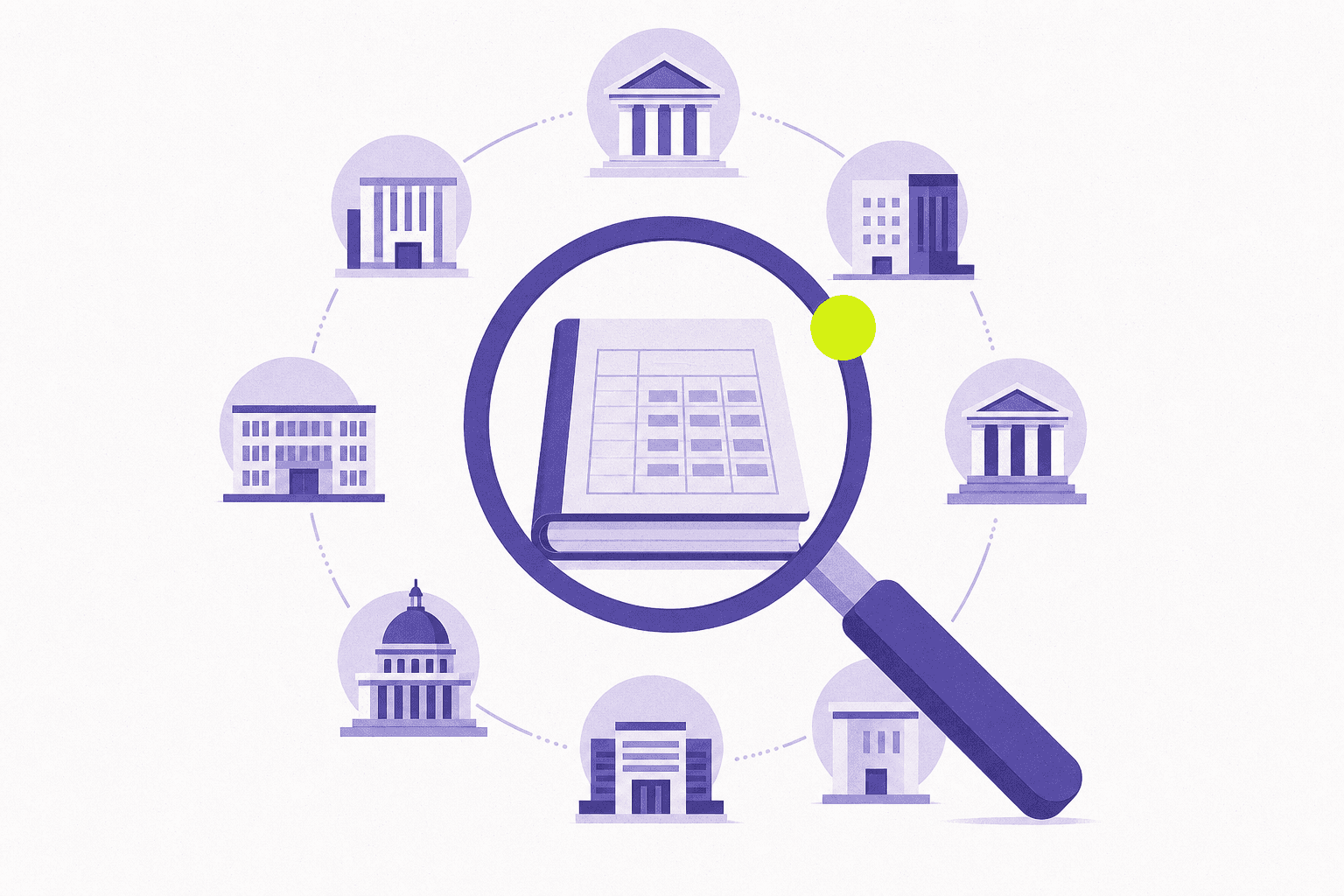 Flat illustration of a magnifying glass inspecting member buildings and a ledger