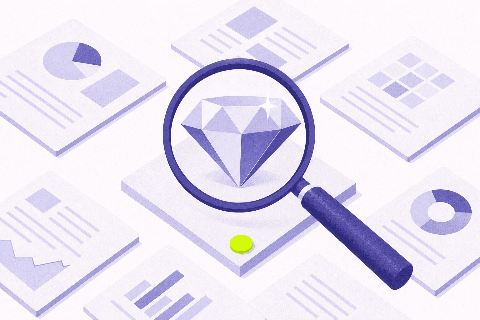 Flat illustration of a diamond examined under a loupe among orderly document tiles