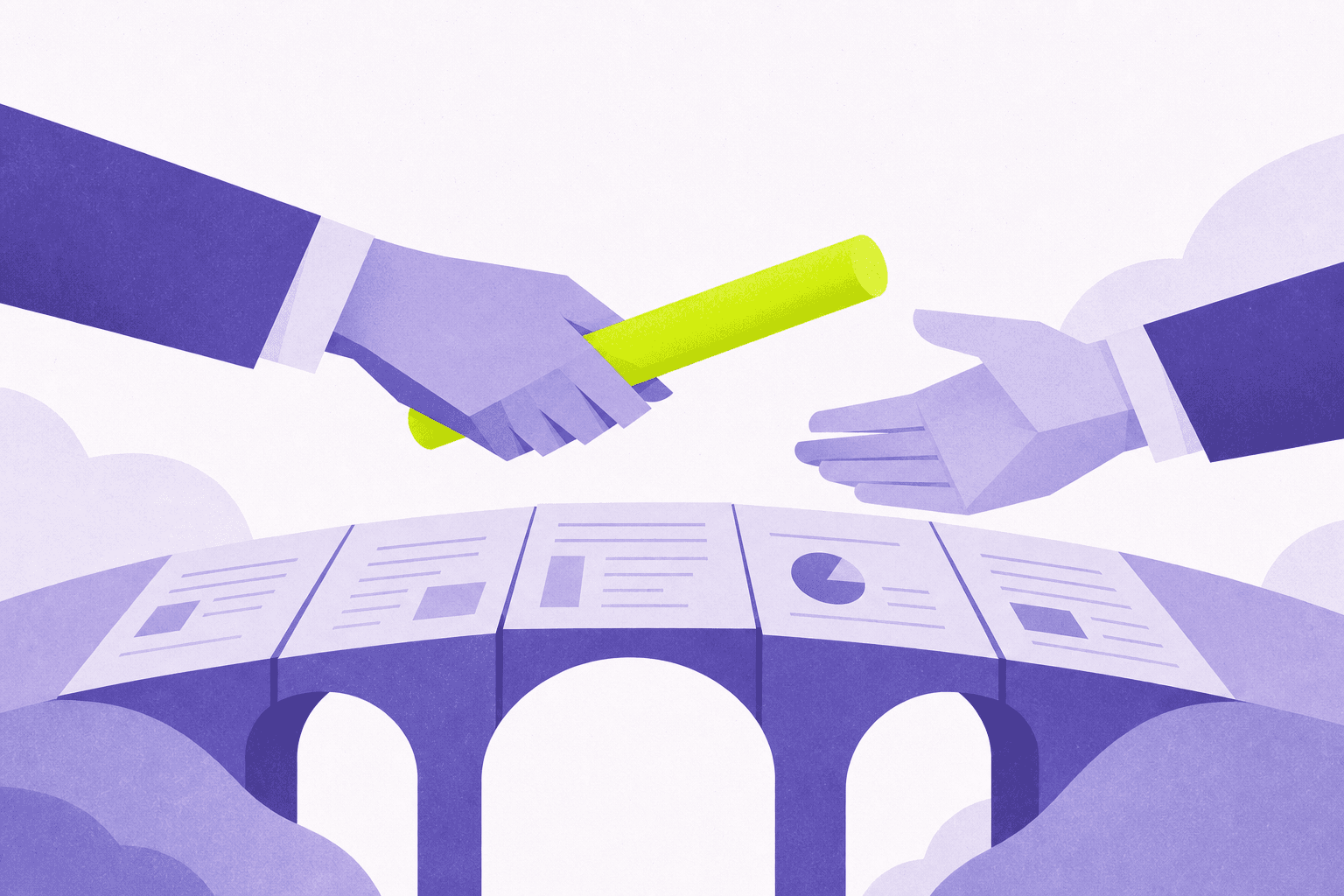 Flat-editorial illustration: a servicing handoff that arrives without its context