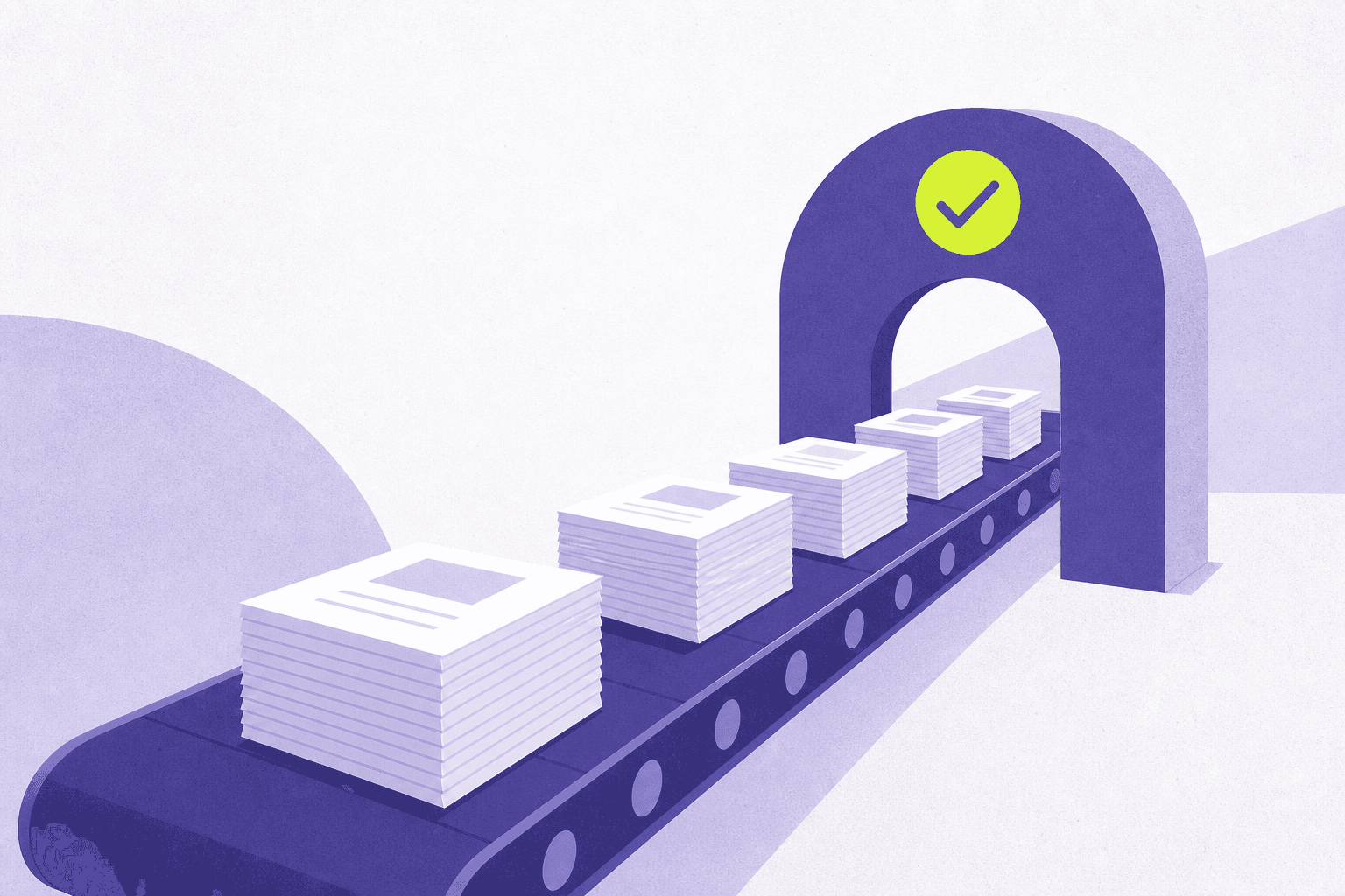 Flat editorial illustration of a queue of document stacks moving toward an approval arch