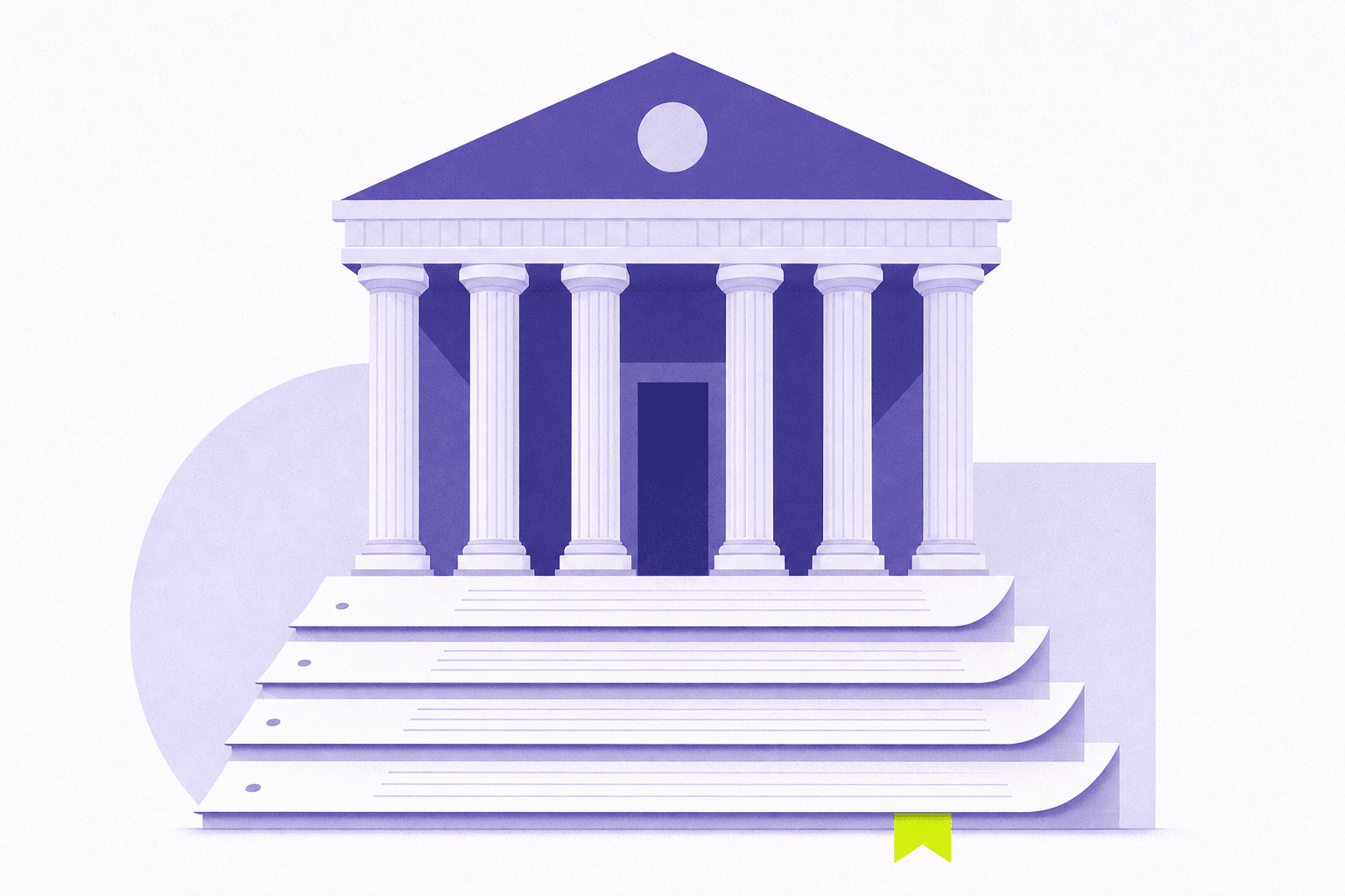 Flat editorial illustration of a classical building facade with document sheets as steps