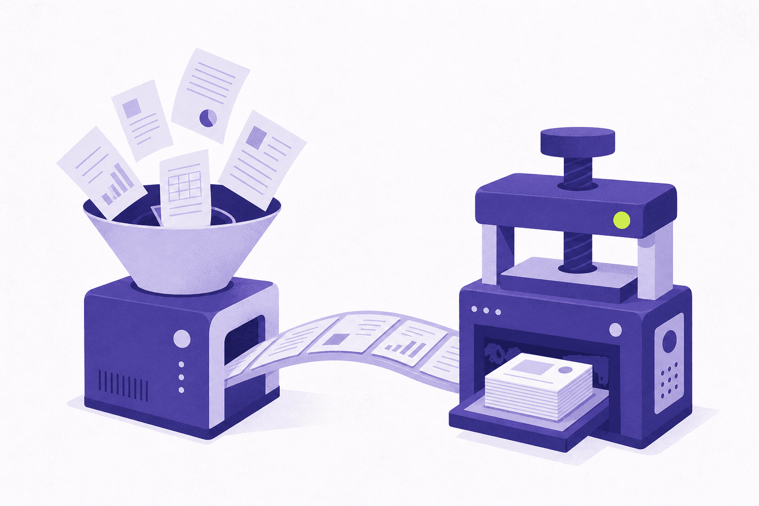 Flat editorial illustration of an intake funnel machine and a finishing press connected by a bridge of documents