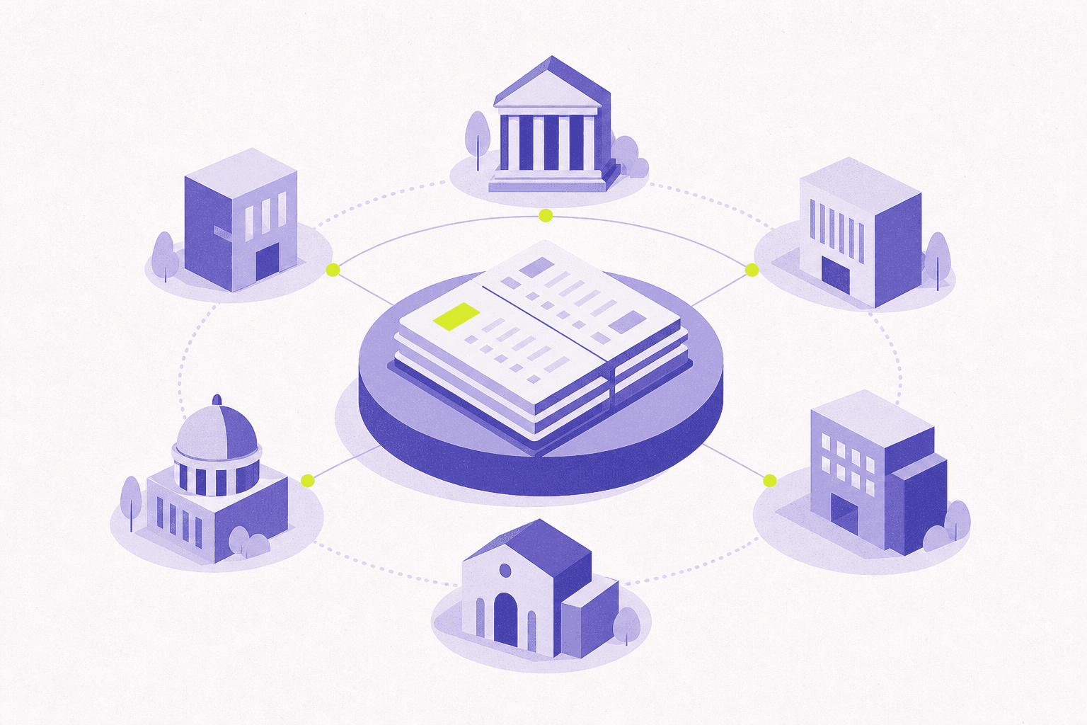 Flat illustration of member buildings orbiting a shared ledger