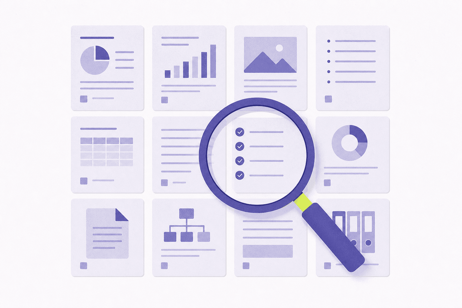 Flat illustration of a magnifying glass over an aligned grid of diligence tiles