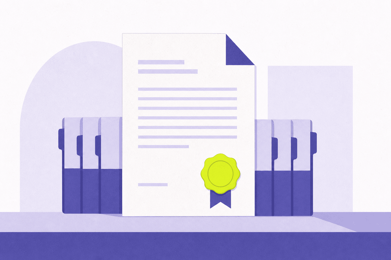 Flat illustration of a legal document with a wax seal and reference tabs