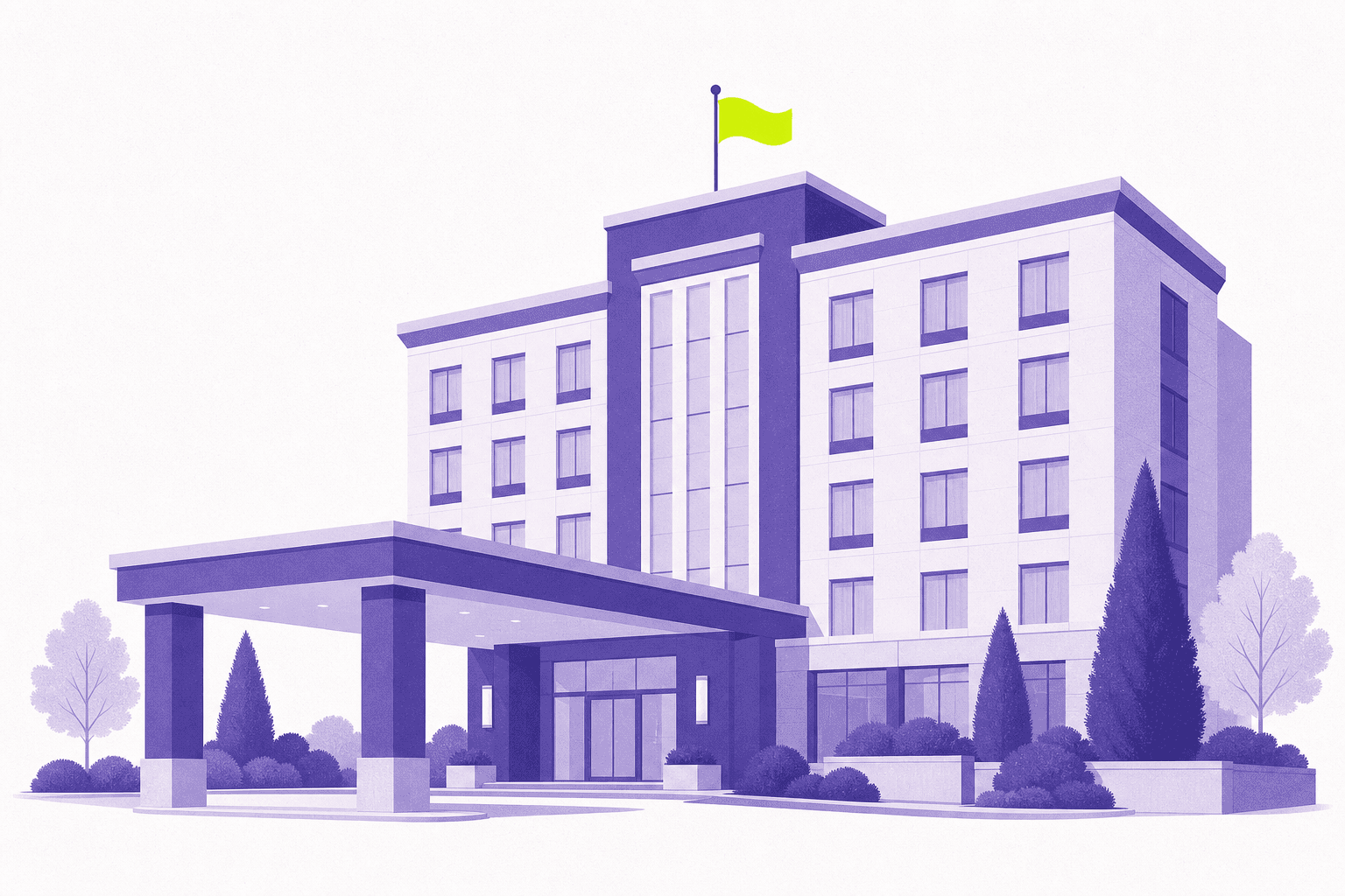 Flat illustration of a hotel with a flag and porte-cochere