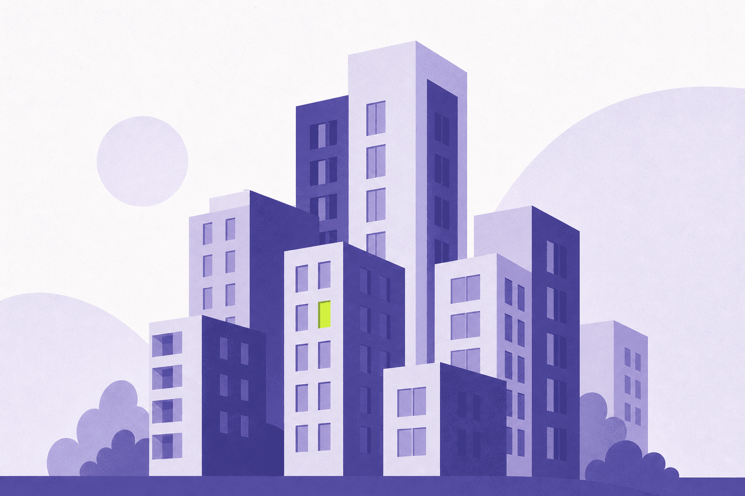 Flat illustration of stacked apartment building blocks forming a skyline