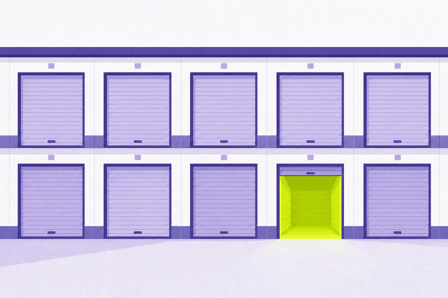 Flat illustration of a grid of self-storage unit doors, one open and glowing
