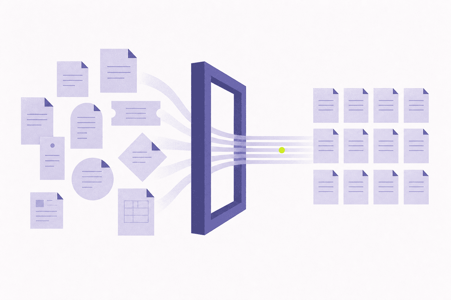 Flat editorial illustration of varied document shapes passing through a frame and emerging aligned